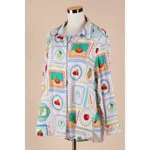 Sz 1X Jane + Delancey Vibrant Mixed Fruit Linen Button Down Blouse EUC